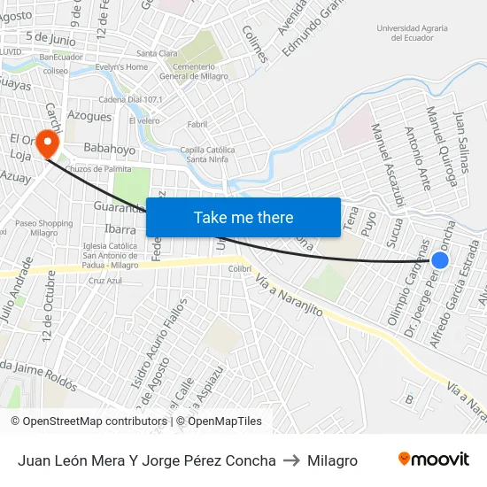 Juan León Mera Y Jorge Pérez Concha to Milagro map