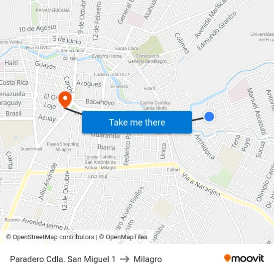 Paradero Cdla. San Miguel 1 to Milagro map