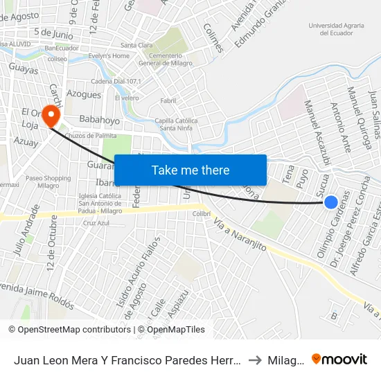 Juan Leon Mera Y Francisco Paredes Herrera to Milagro map