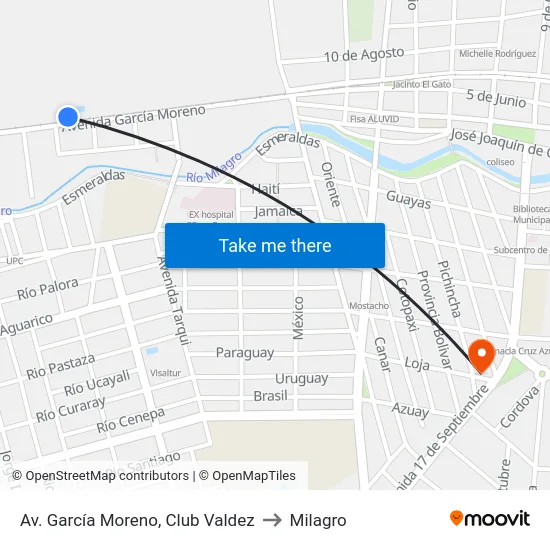 Av. García Moreno, Club Valdez to Milagro map