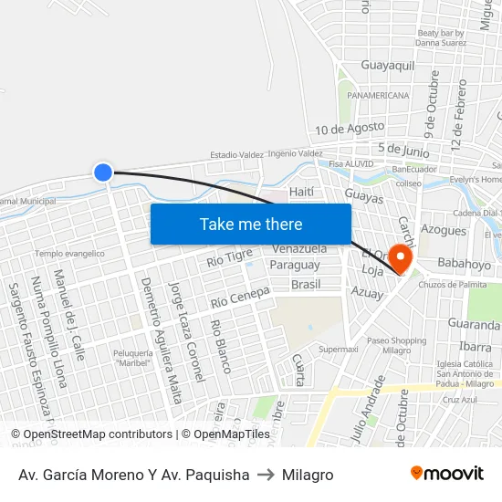 Av. García Moreno Y Av. Paquisha to Milagro map