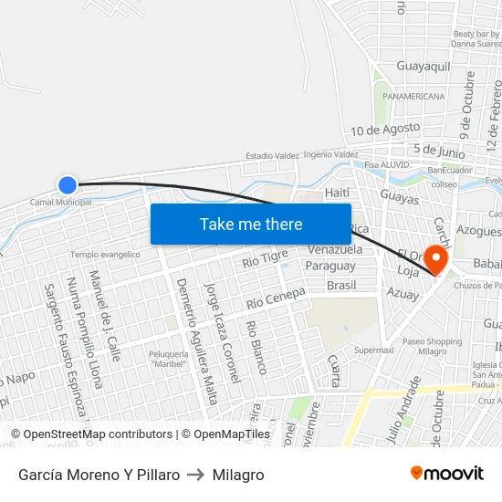 García Moreno Y Pillaro to Milagro map