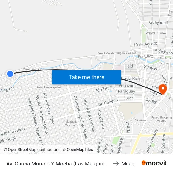 Av. García Moreno Y Mocha (Las Margaritas) to Milagro map