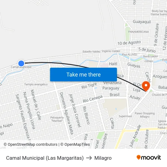Camal Municipal (Las Margaritas) to Milagro map