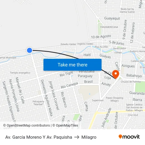 Av. García Moreno Y Av. Paquisha to Milagro map