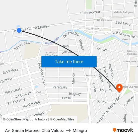 Av. García Moreno, Club Valdez to Milagro map