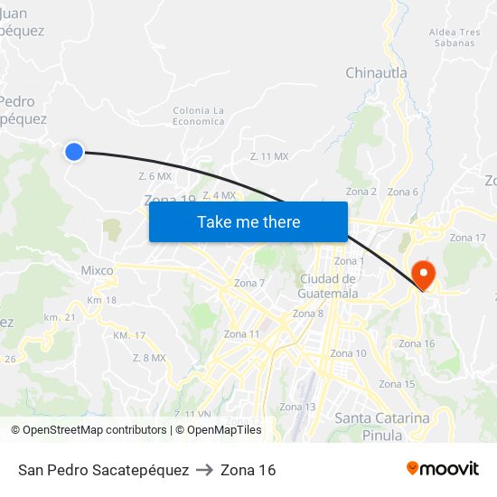 San Pedro Sacatepéquez to Zona 16 map