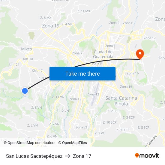 San Lucas Sacatepéquez to Zona 17 map