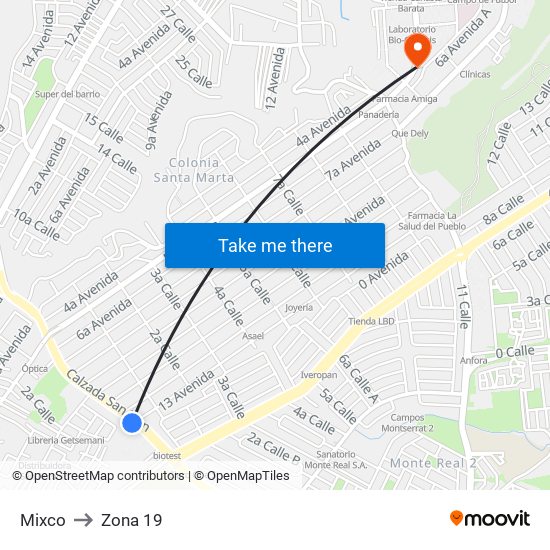 Mixco to Zona 19 map