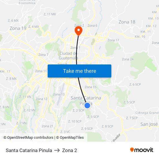 Santa Catarina Pinula to Zona 2 map