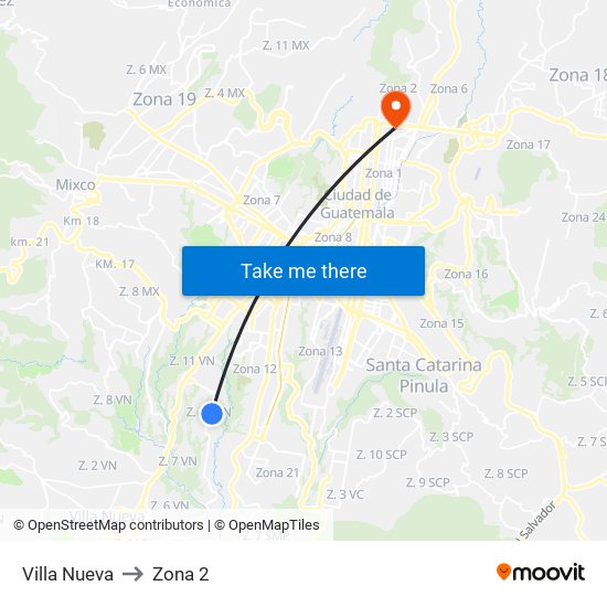 Villa Nueva to Zona 2 map