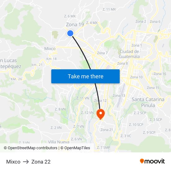 Mixco to Zona 22 map