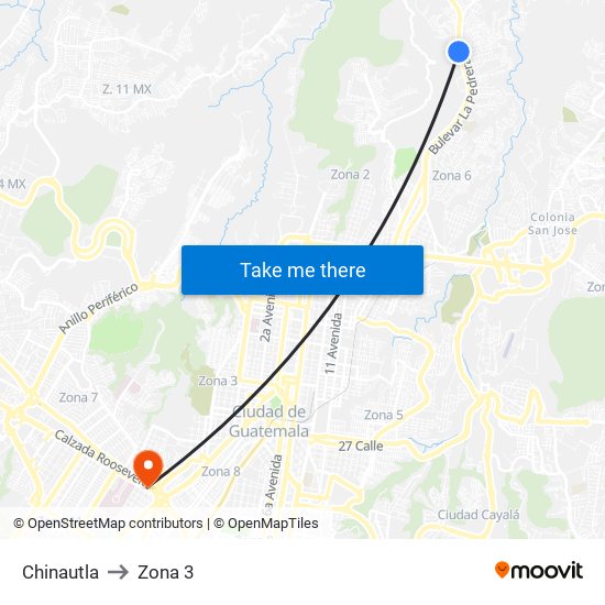 Chinautla to Zona 3 map