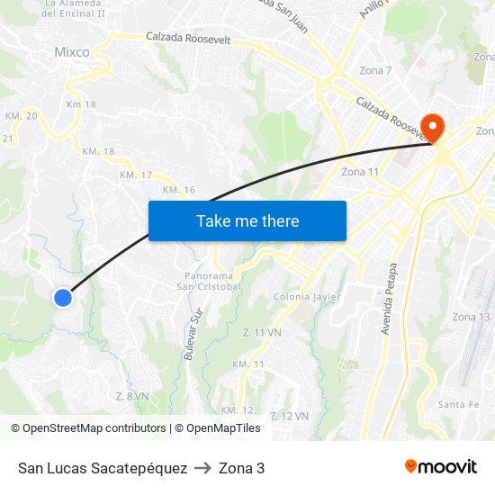 San Lucas Sacatepéquez to Zona 3 map