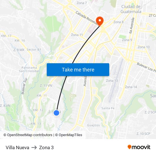 Villa Nueva to Zona 3 map