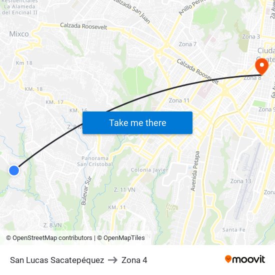 San Lucas Sacatepéquez to Zona 4 map