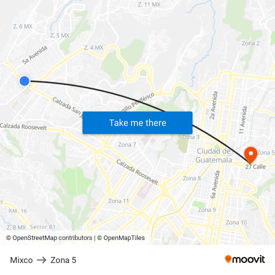 Mixco to Zona 5 map