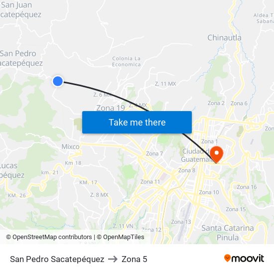 San Pedro Sacatepéquez to Zona 5 map