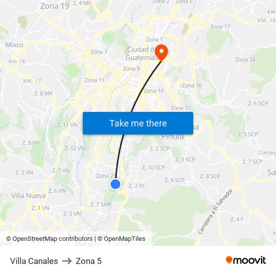 Villa Canales to Zona 5 map