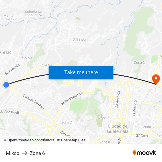 Mixco to Zona 6 map