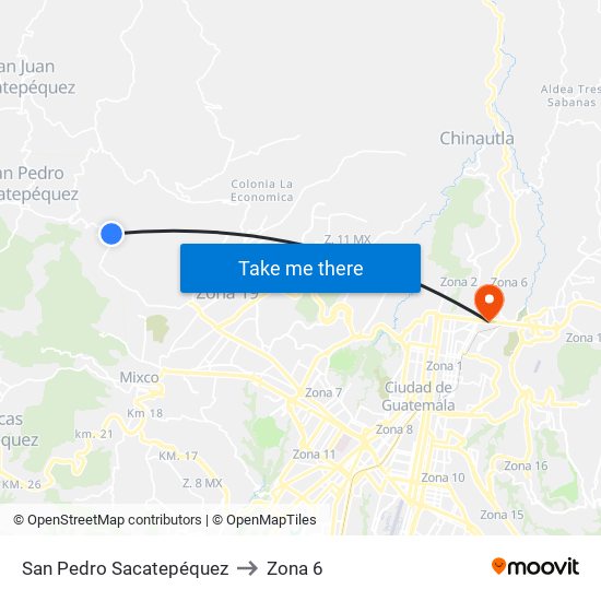 San Pedro Sacatepéquez to Zona 6 map