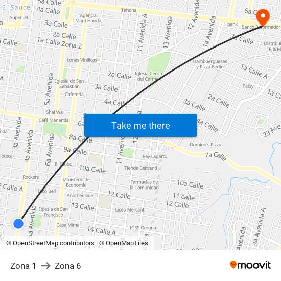 Zona 1 to Zona 6 map