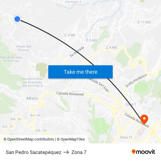 San Pedro Sacatepéquez to Zona 7 map