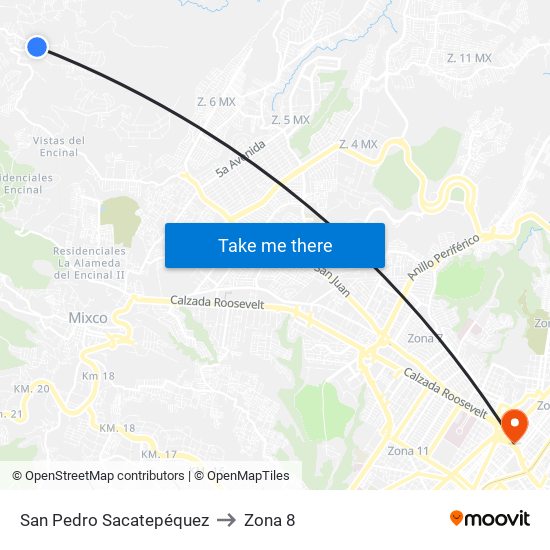 San Pedro Sacatepéquez to Zona 8 map