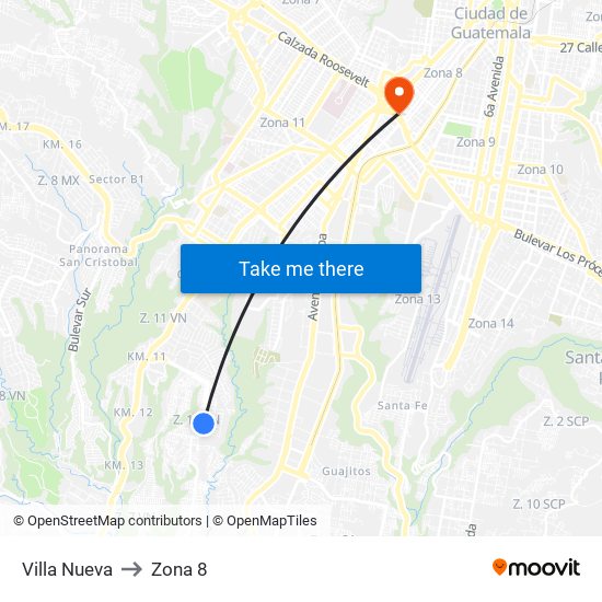 Villa Nueva to Zona 8 map