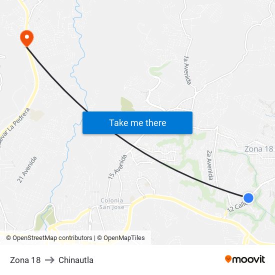 Zona 18 to Chinautla map