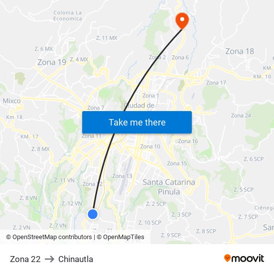 Zona 22 to Chinautla map