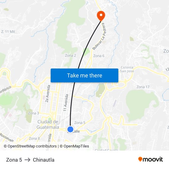 Zona 5 to Chinautla map