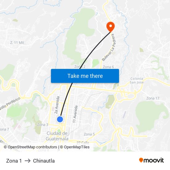 Zona 1 to Chinautla map