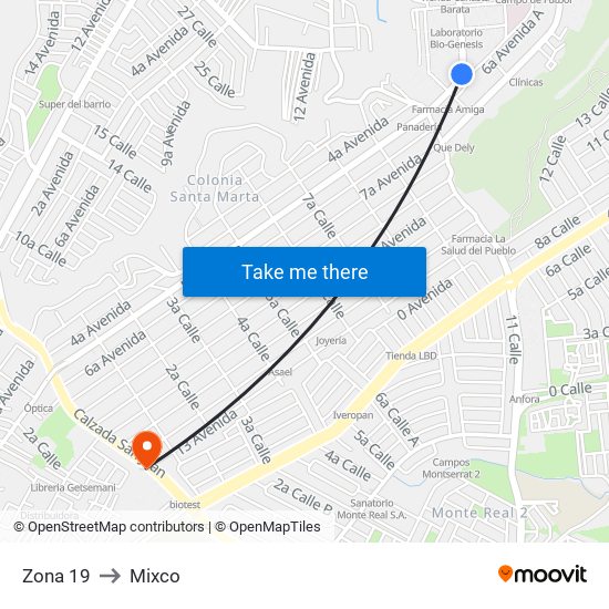 Zona 19 to Mixco map