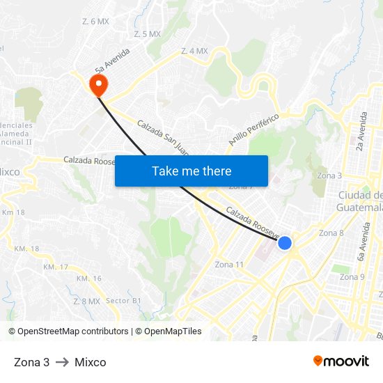 Zona 3 to Mixco map