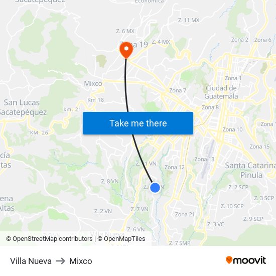 Villa Nueva to Mixco map