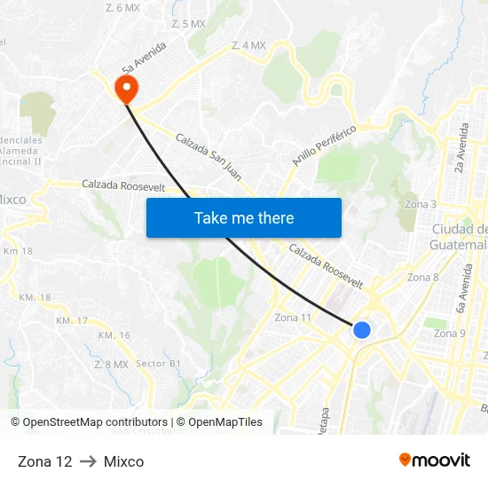 Zona 12 to Mixco map