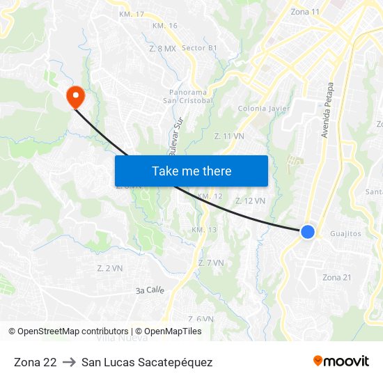 Zona 22 to San Lucas Sacatepéquez map