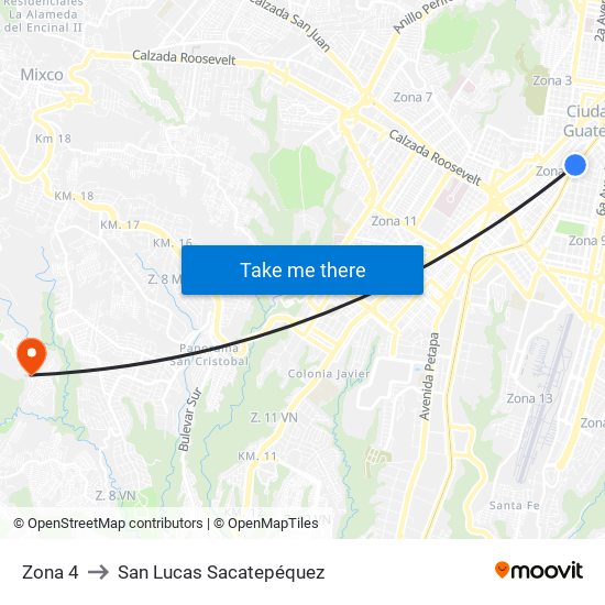 Zona 4 to San Lucas Sacatepéquez map