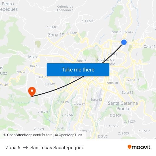 Zona 6 to San Lucas Sacatepéquez map