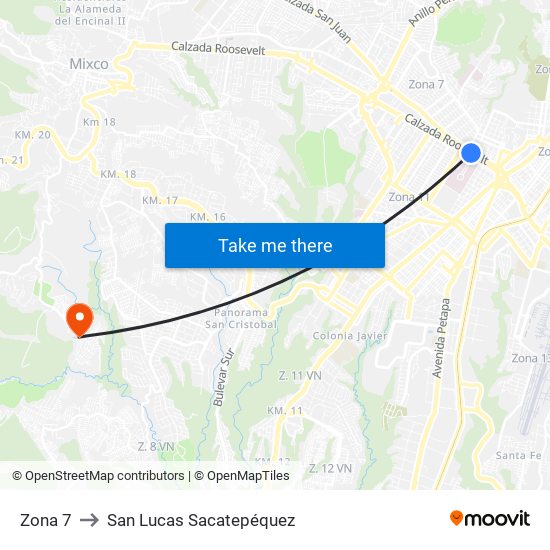 Zona 7 to San Lucas Sacatepéquez map