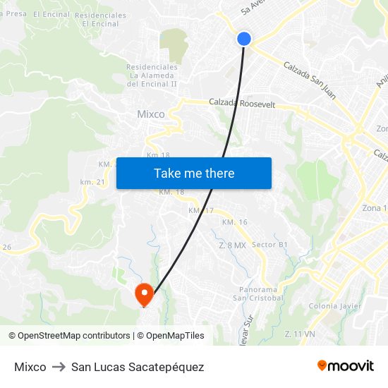 Mixco to San Lucas Sacatepéquez map