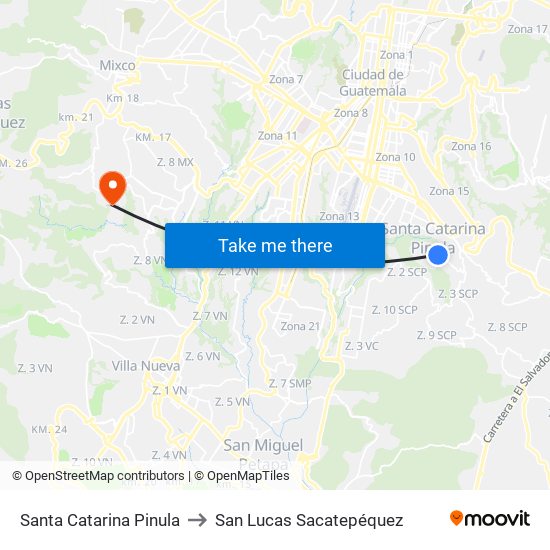 Santa Catarina Pinula to San Lucas Sacatepéquez map