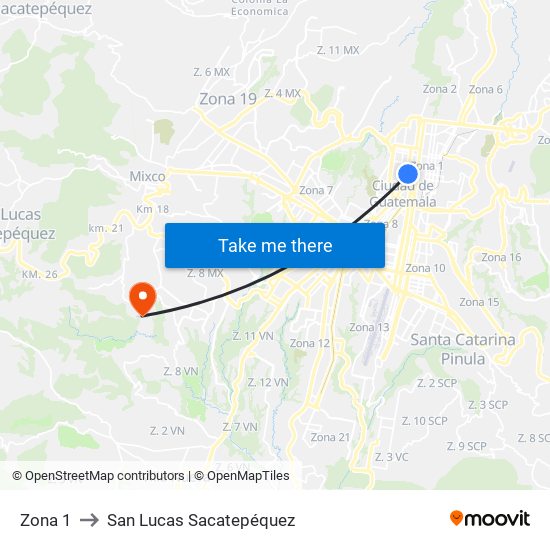 Zona 1 to San Lucas Sacatepéquez map