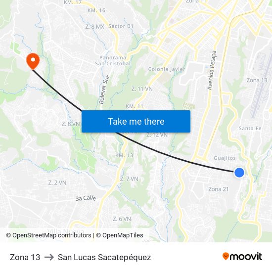 Zona 13 to San Lucas Sacatepéquez map