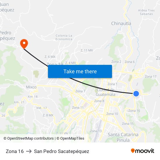 Zona 16 to San Pedro Sacatepéquez map