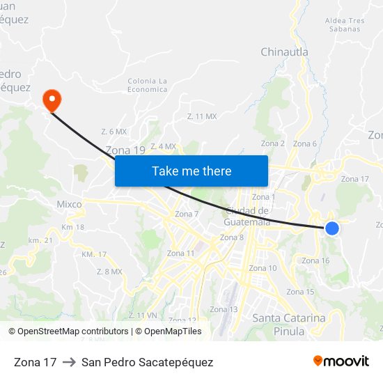 Zona 17 to San Pedro Sacatepéquez map