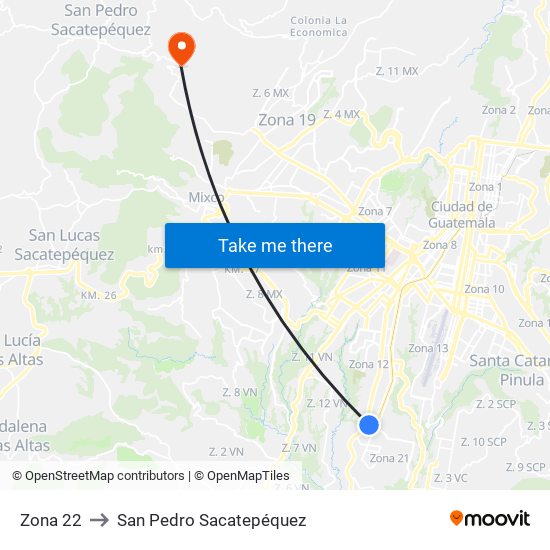 Zona 22 to San Pedro Sacatepéquez map