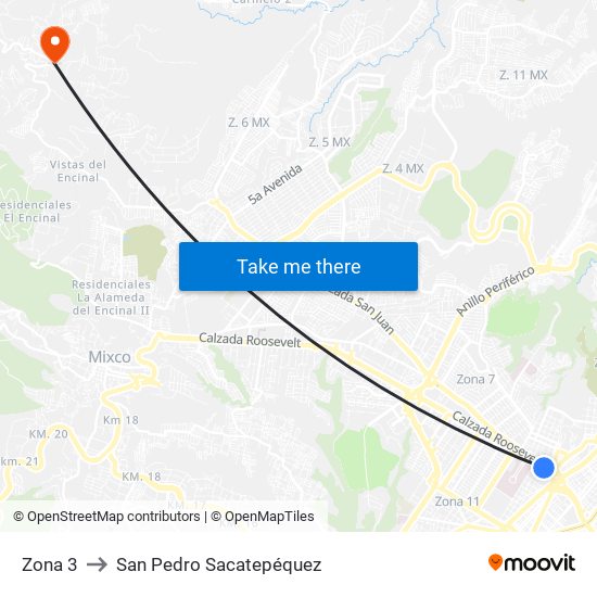 Zona 3 to San Pedro Sacatepéquez map