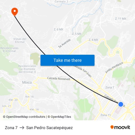 Zona 7 to San Pedro Sacatepéquez map